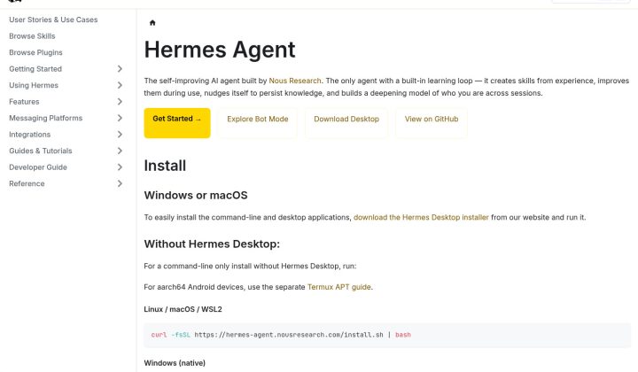 Pagina de documentacao do Hermes Agent, com o comando de instalacao visivel