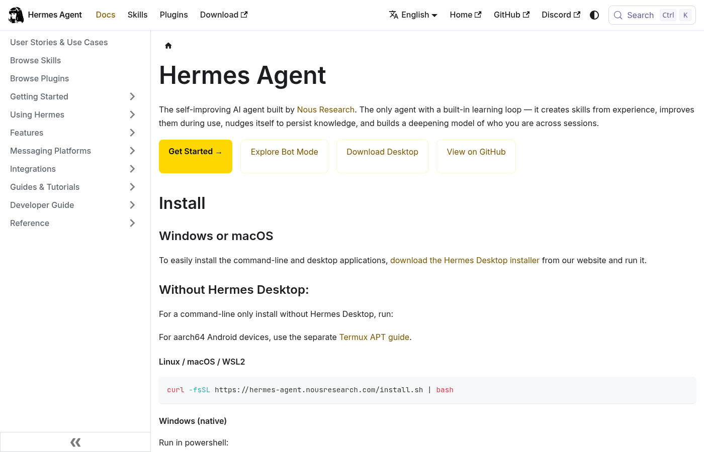 Pagina de documentacao do Hermes Agent, com o comando de instalacao visivel