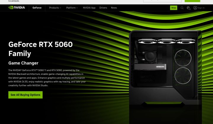 Pagina oficial da familia RTX 5060 no site da NVIDIA, com a especificacao de 8GB GDDR7
