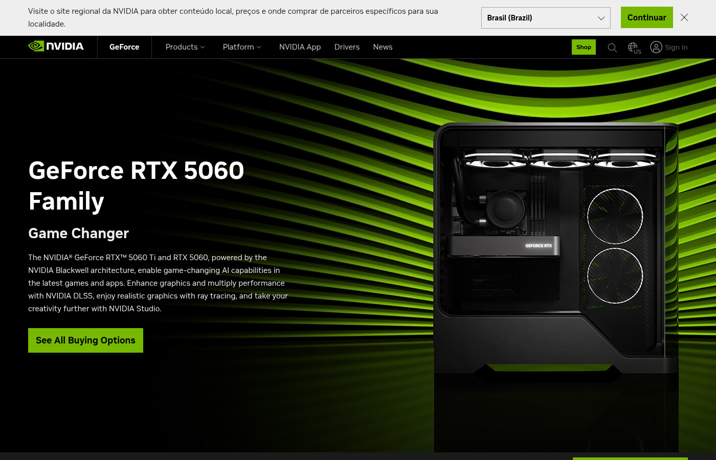 Pagina oficial da familia RTX 5060 no site da NVIDIA, com a especificacao de 8GB GDDR7